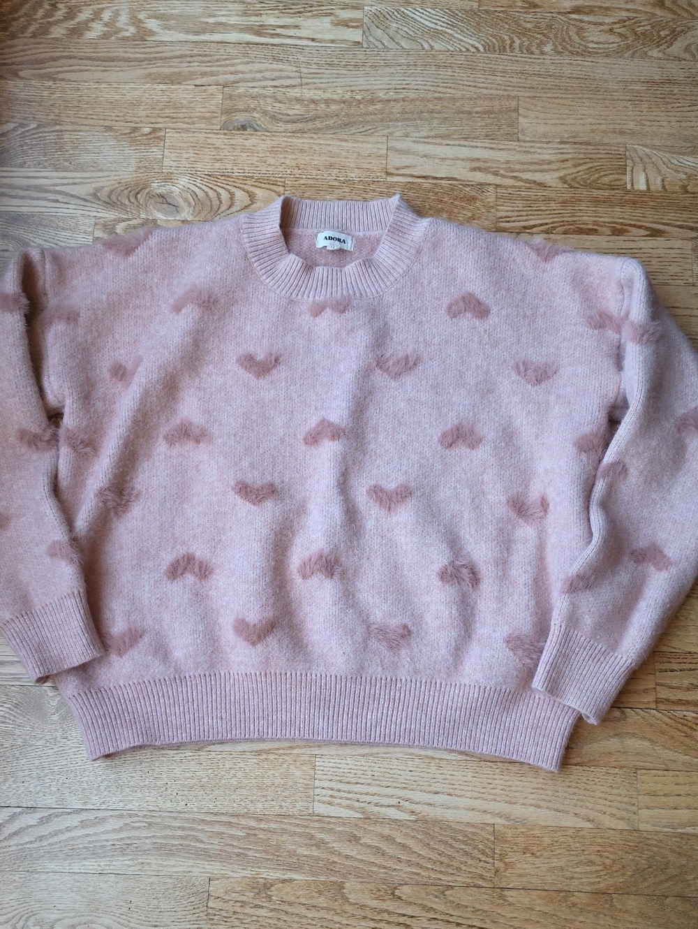 (L) ADORA Pink Heart-Print Crewneck Sweater Soft Cozy Romantic Lounge Date Night